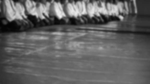 Immagine in bianco e nero dell'aikido Gli uomini sono sporsmen Workshop di Aikido Un certo numero di praticanti cintura nera in uniforme tradizionale kimano bianco e hakama nero