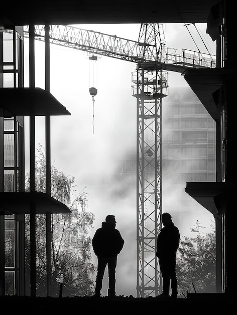 Immagine in bianco e nero di due investitori su un cantiere vicino a un grattacielo e a una gru