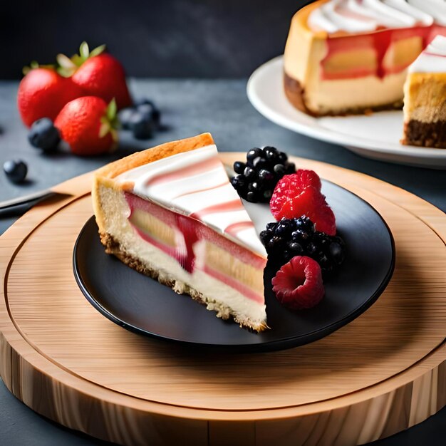 immagine in close-up di una fetta perfettamente realizzata di cheesecake cremoso coperto di bacche fresche