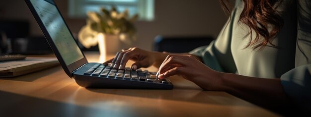 Immagine in primo piano delle mani di una donna d'affari che lavora e digita sulla tastiera del laptop sul tavolo Creato con la tecnologia generativa AI