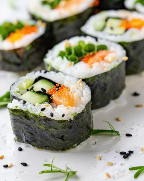 Immagine in primo piano di rotoli di sushi con cetriolo di salmone e riso avvolti in nori guarniti con semi di sesamo e cipolle verdi