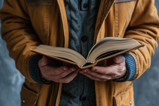 Immagine in primo piano di un uomo in piedi che tiene in mano un libro aperto che legge il concetto di bookworm di studio