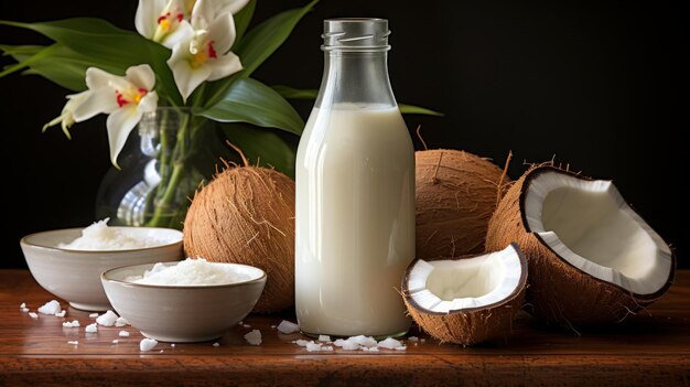 Immagine in primo piano di una bottiglia di latte di cocco con noci di cocco fresche