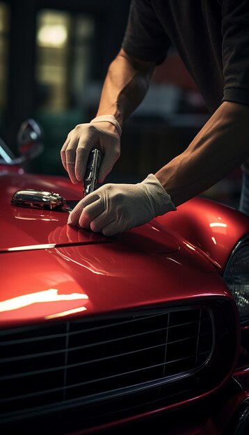 Immagine in primo piano di una mano con un guanto che lucida un'auto rossa