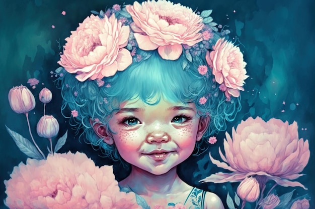 Immagine in stile acquerello di una bambina tagliata nei colori pastello rosa e blu