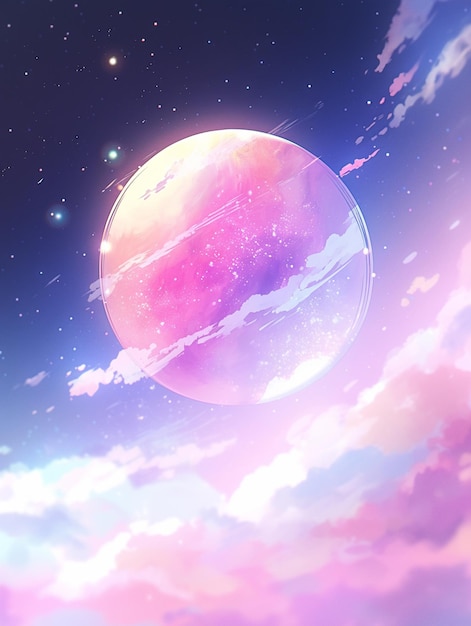 immagine in stile anime di un pianeta rosa nel cielo con nuvole ai generative
