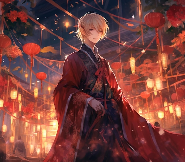Immagine in stile anime di un uomo in kimono rosso in piedi in un cortile generativo ai