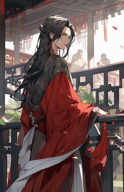 Immagine in stile anime di una donna con un abito rosso e bianco ai generativo