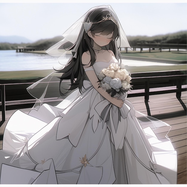 Immagine in stile anime di una sposa in abito da sposa con un bouquet generativo ai