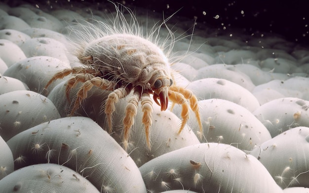 Immagine ingrandita degli acari della polvere su un materasso Cause di allergie e asma