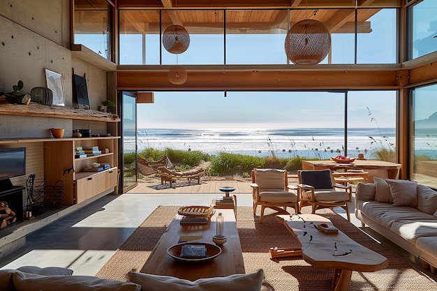 Immagine interna di un confortevole moderno soggiorno in una casa balneare a pianta aperta con vista sul mare all'esterno