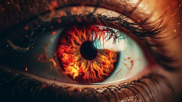 Immagine macro dell'occhio umano con fiamme di fuoco Tecnica mista