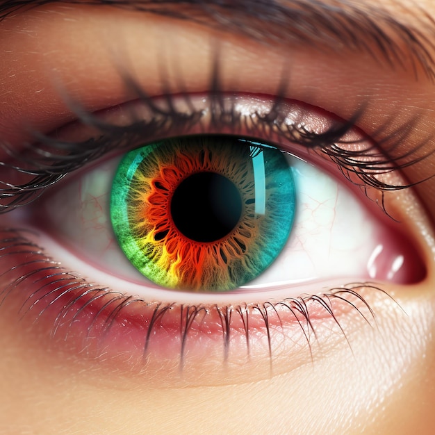 Immagine macro della lente dell'occhio umano Incredibile occhio femminile blu e verde spalancato in bassa luce