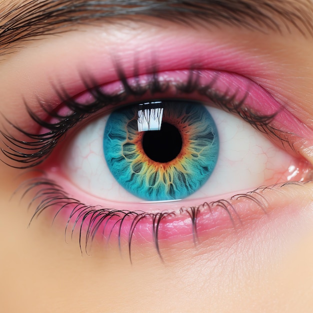Immagine macro della lente dell'occhio umano Incredibile occhio femminile blu e verde spalancato in bassa luce