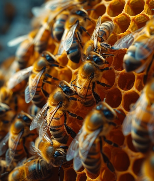 Immagine macro di api che sciamano sul nido d'ape