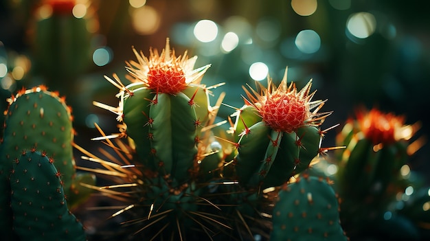 Immagine macro di un bellissimo cactus con la luce solare Bokeh