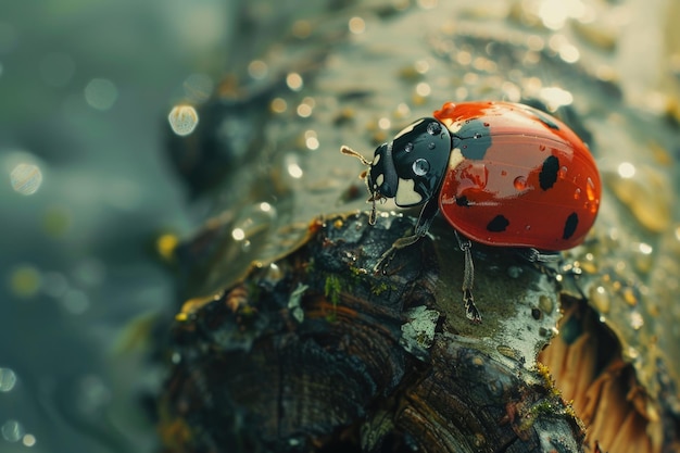 Immagine macro di una coccinella bagnata su un tronco di muschio Concepto di natura e fauna selvatica