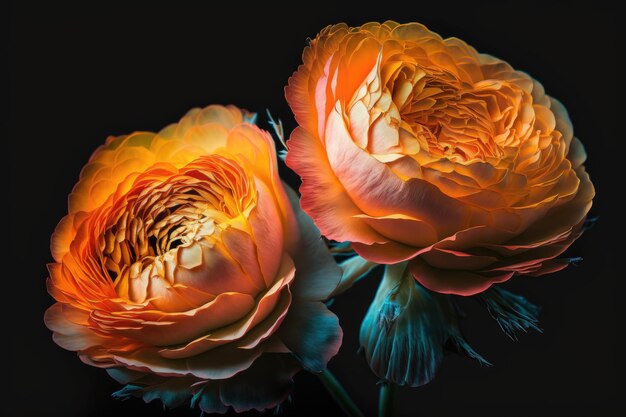 Immagine macro di vivaci teste di fiori di rosa arancione e rosa su uno sfondo nero