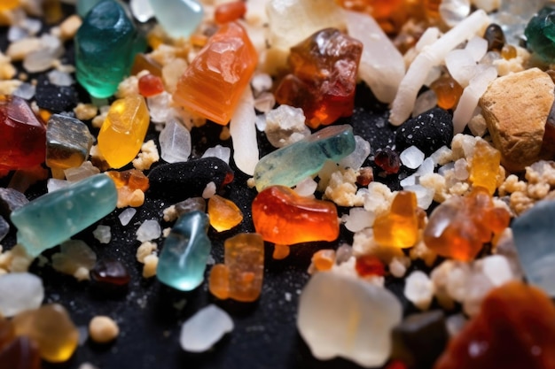 Immagine microscopica di microplastiche in un campione di sabbia creato con l'IA generativa