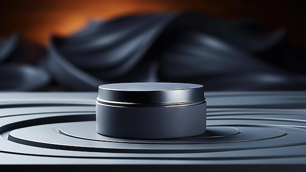 Immagine minimalista di un barattolo di crema nell'illuminazione dello studio di un lussuoso colore grigio scuro metallico