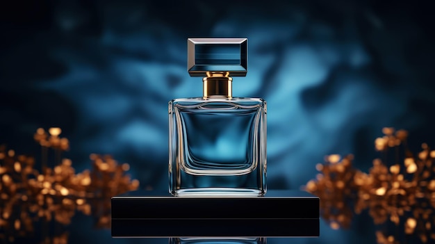 Immagine minimalista di una bottiglia di profumo blu al centro con illuminazione in studio sullo sfondo lussuoso