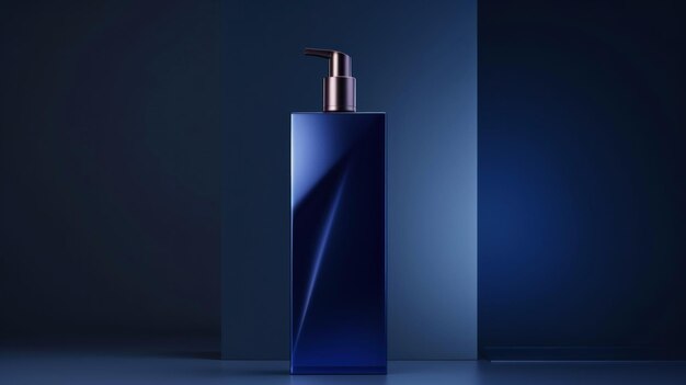 Immagine minimalista di una bottiglia di shampoo blu al centro del podio Illuminazione di studio di lusso AI generativa