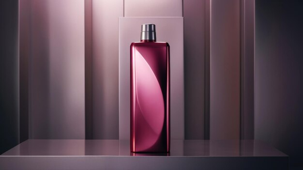 Immagine minimalista di una bottiglia di shampoo rosa al centro del podio illuminazione studio di lusso