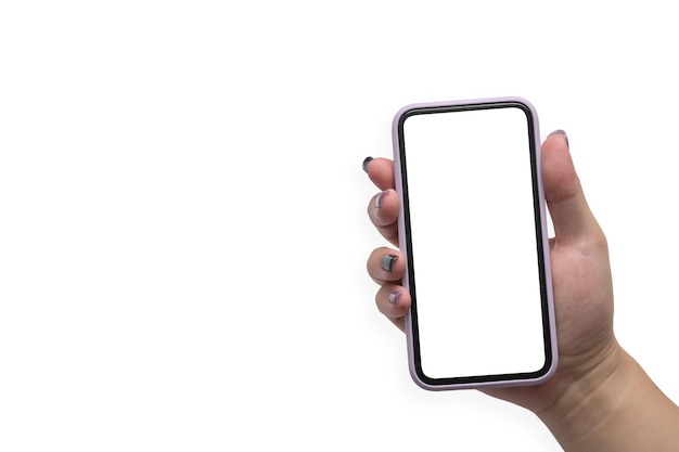 Immagine mock up della mano della donna che tiene il telefono cellulare isolato su sfondo bianco Schermo vuoto per il montaggio della visualizzazione grafica