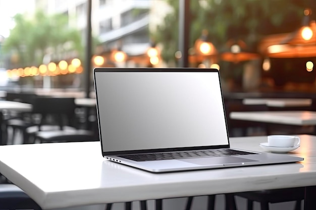 Immagine mockup di un computer portatile con schermo vuoto sul tavolo di legno nella moderna caffetteria