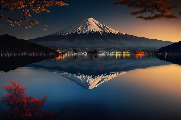 Immagine Monte Fuji nel lago Kawaaguchiko Giappone generativo ai