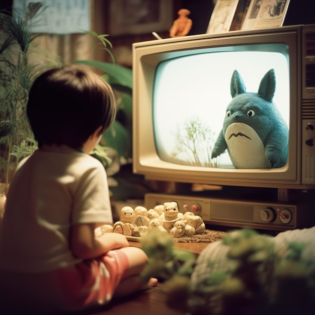 Immagine nostalgica di un bambino che guarda Totoro su un televisore CRT nel Giappone degli anni '80 generato da Ai