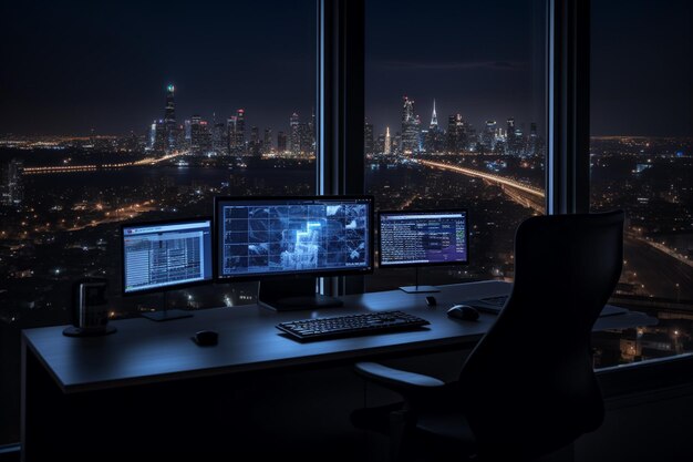 Immagine orizzontale del posto di lavoro dello sviluppatore con il computer sul tavolo nell'ufficio IT al buio