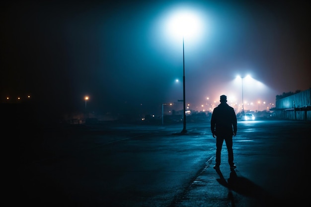 Immagine oscura di Moody che raffigura uno strano uomo sinistro illuminato dalle lampade di strada