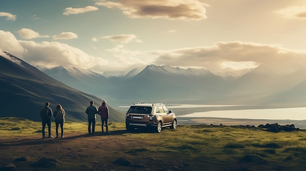 Immagine panoramica di viaggiatori in piedi accanto al loro veicolo mentre contemplano la bellissima lan