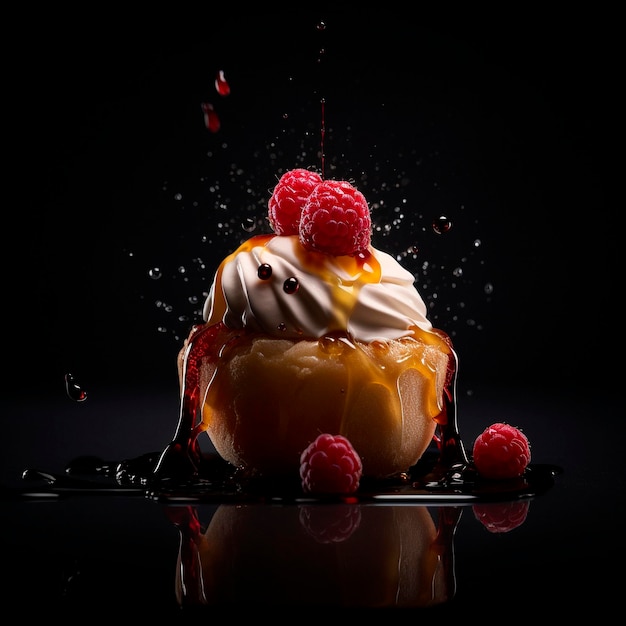 Immagine professionale di un dessert succoso con frutti di bosco su sfondo nero