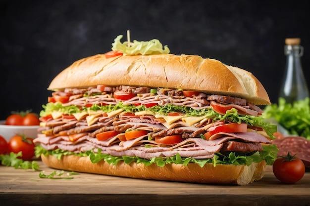 Immagine pubblicitaria di un enorme delizioso panino lungo con carne su una tavola di legno un gigante a più strati