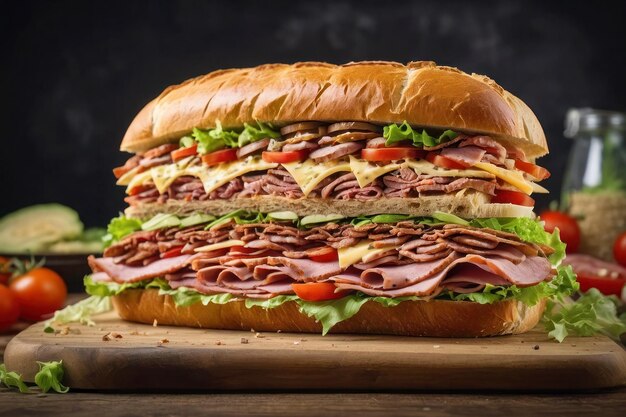 Immagine pubblicitaria di un enorme delizioso panino lungo con carne su una tavola di legno un gigante a più strati