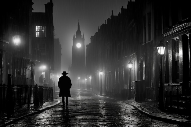 immagine raffigurante di un uomo con un cappello e un cappotto che cammina per una strada di notte