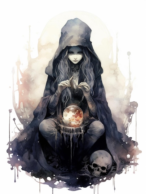 immagine raffigurante di una donna con un cranio e una sfera di cristallo generativa ai