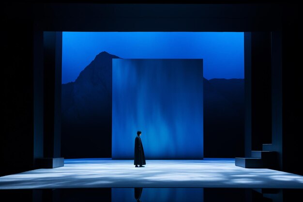 immagine raffigurante un uomo in piedi davanti a un palco con uno sfondo di montagna
