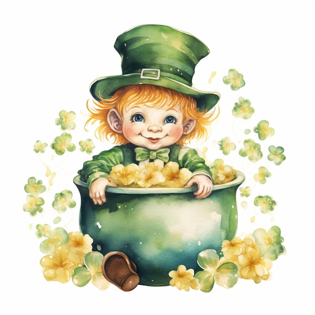 immagine raffigurata di un ragazzino con un cappello verde e una pentola d'oro generativa ai