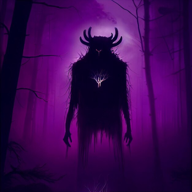 immagine raffigurata di una creatura oscura in una foresta con una luna piena generativa ai