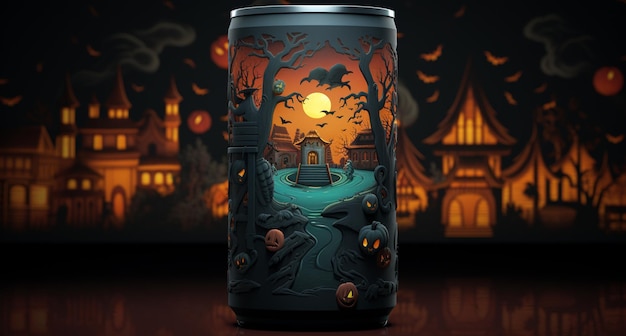 immagine raffigurata di una lattina di birra a tema Halloween con un castello sullo sfondo