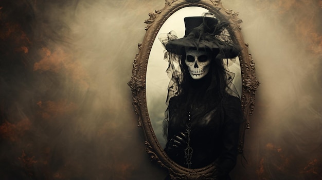 immagine raffigurata di uno scheletro con cappello e velo generativo ai