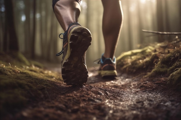 Immagine ravvicinata dell'uomo del trail runner che cammina sulla foresta ai generata