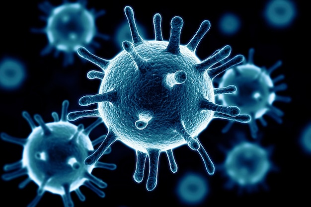 Immagine ravvicinata di cellule virali che scorrono su uno sfondo scuro