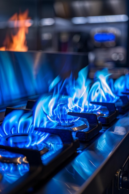 Immagine ravvicinata di fiamme di gas propano blu intenso sulla stufa della cucina con spazio di copia