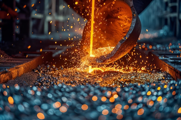 Immagine ravvicinata di intense scintille mentre un lavoratore metallurgico taglia l'acciaio in un'industria buia