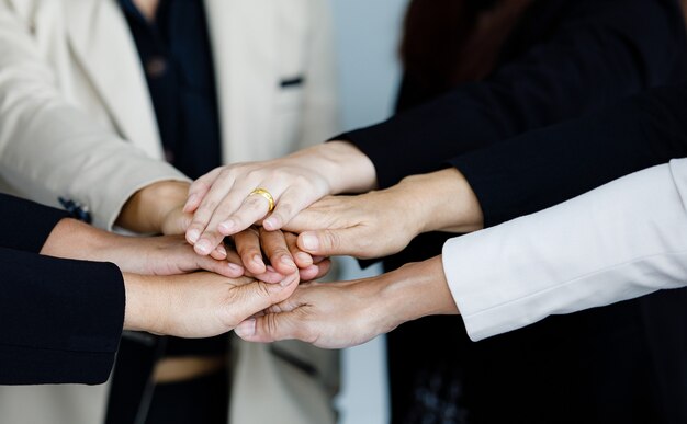 Immagine ravvicinata di tenersi per mano di un gruppo di donne d'affari di successo femminile non identificato irriconoscibile insieme in tailleur formale sopra la scrivania con documento di scartoffie diagramma grafico grafico.