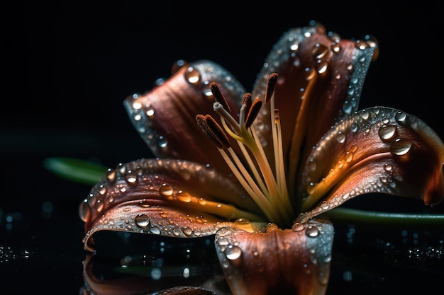 Immagine ravvicinata di un bellissimo fiore di giglio con gocce d'acqua Generato ai